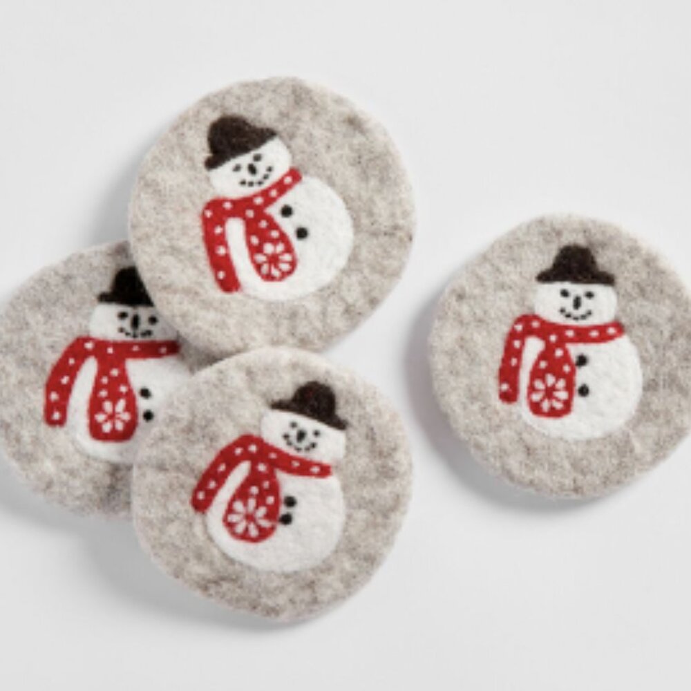 NWT Pottery Barn Snowman Wool Felt Coasters- Set of 4